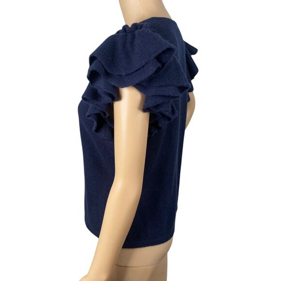 Filoro 100% Cashmere Navy Blue Crew Neck Flutter Sleeve Sweater Knit Top SZ M - Picture 5 of 7